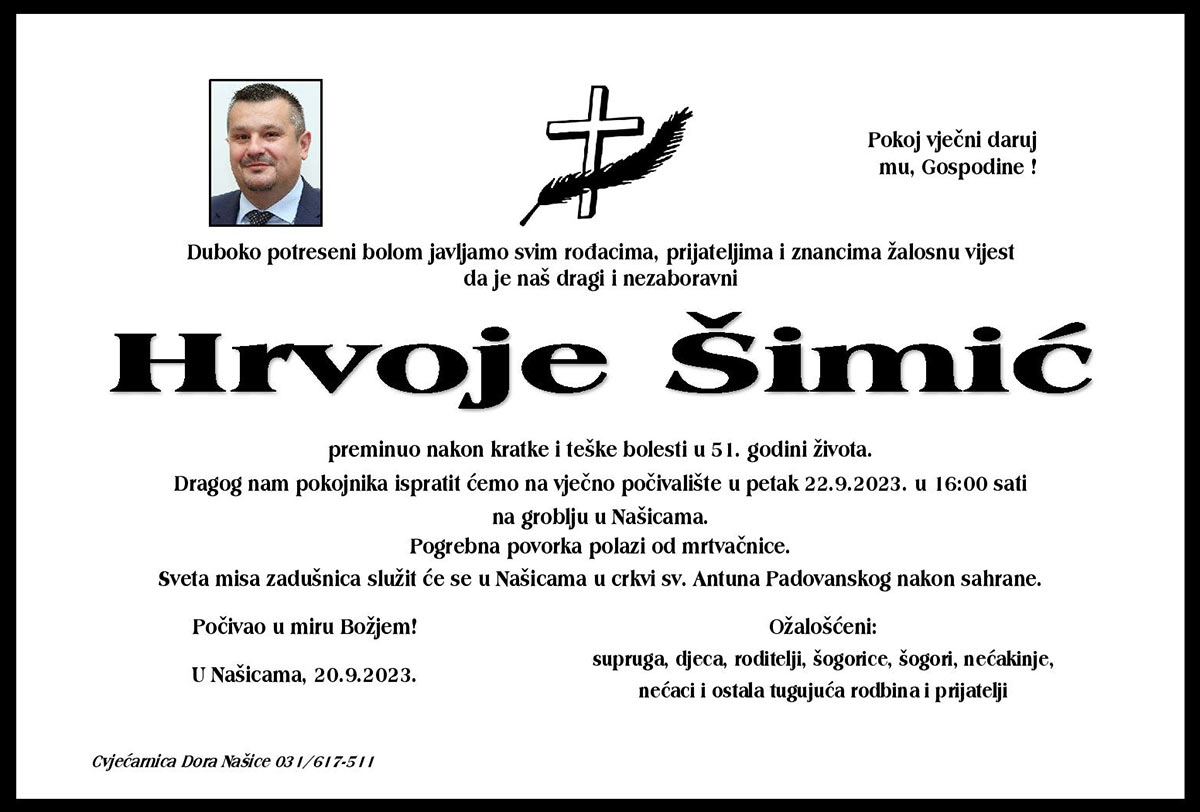 Hrvoje Simic Obavijest o smrti i sprovodu